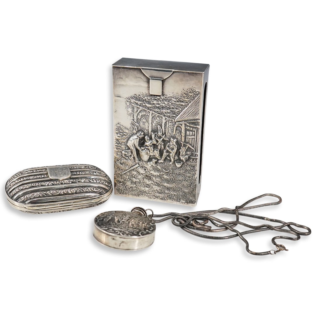 (3 Pc) Silver Change Purse, Matchbox Holder, And Perfume Pendant (1 of 17)