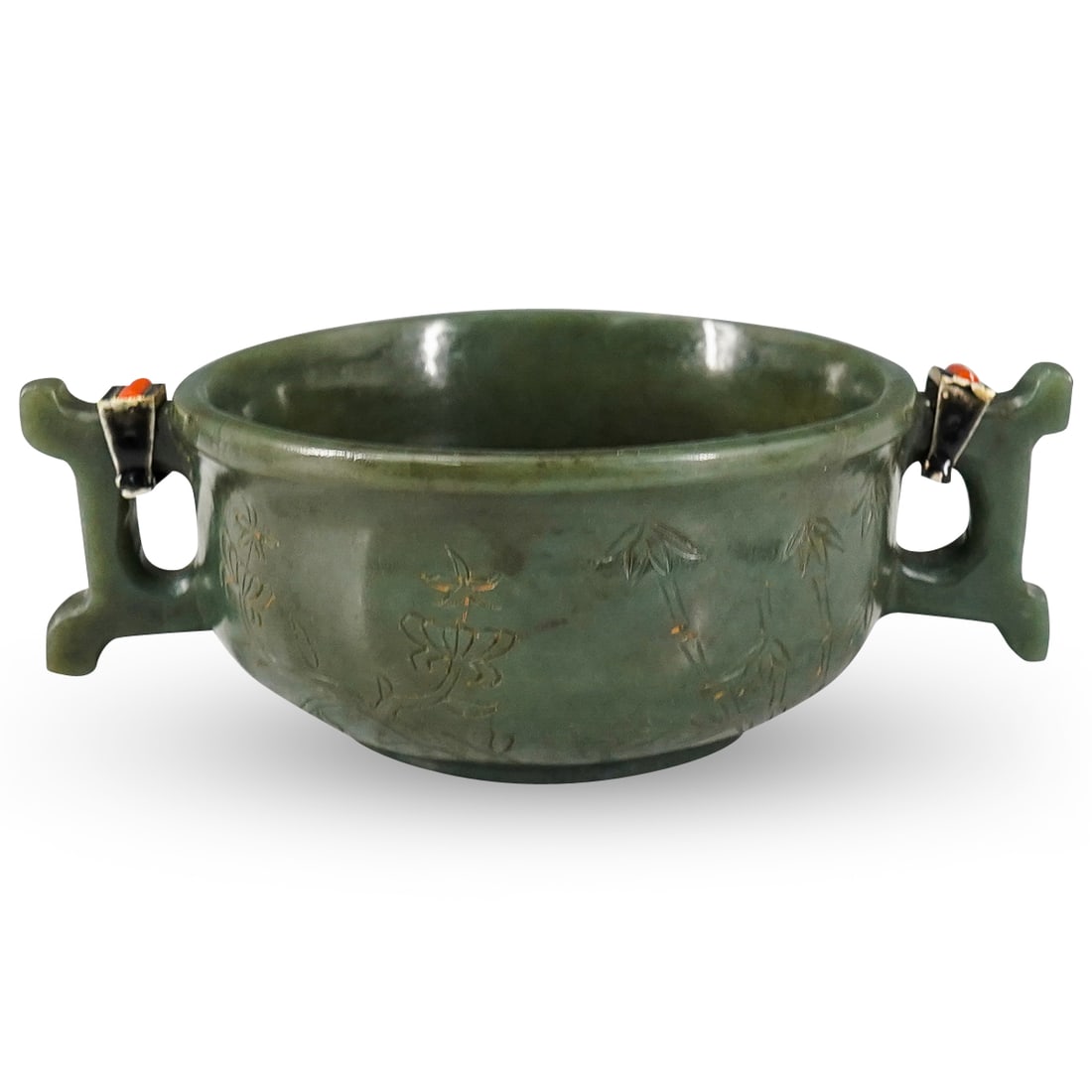 Antique Chinese Spinach Jade, Silver, Coral & Enamel Libation Cup (1 of 6)