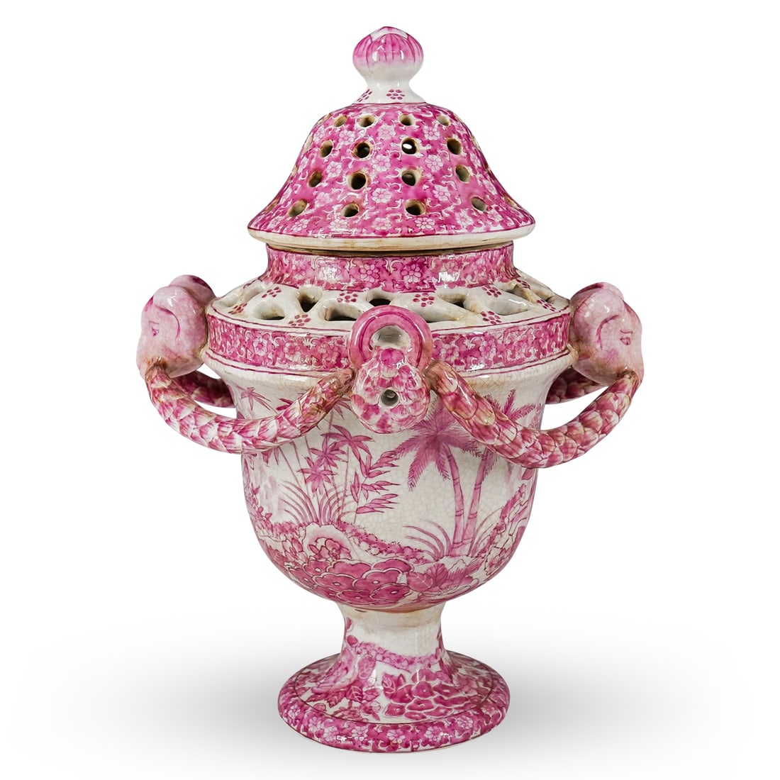 Antique Chinese Pink And White Export Porcelain Censer: DESCRIPTION: Antique export porcelain censer coated in a pink and white glaze depicting puttos among flowers and foliage and featuring handles crafted as goatheads and garlands. Marked on underside wi