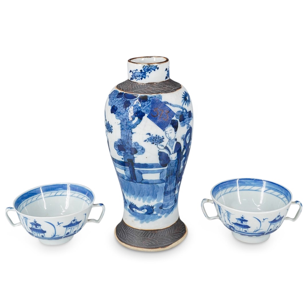 (3 Pc) Chinese Blue and White Porcelain Table Articles (1 of 11)