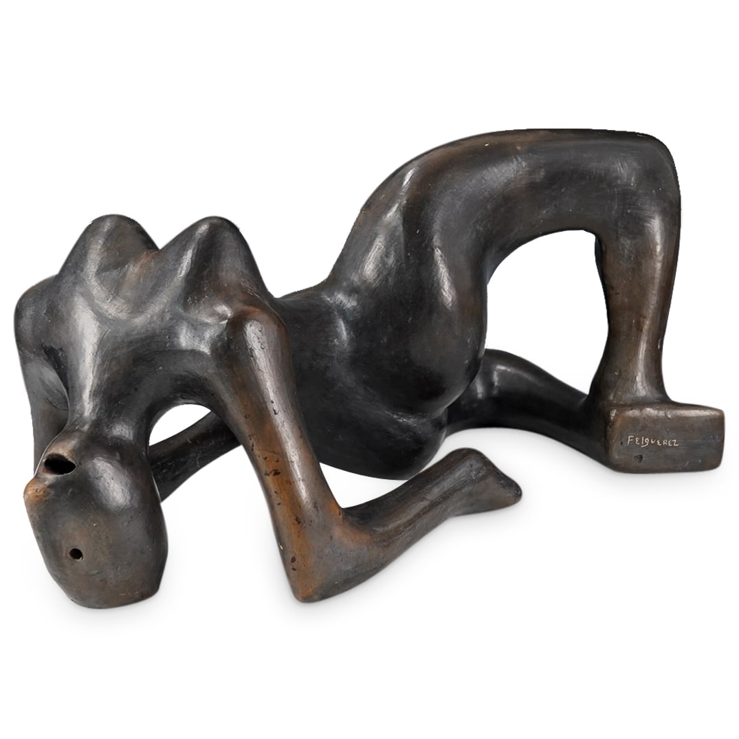 Manuel Felguerez Barra (Mexico, 1928-2020) Nude Sculpture: DESCRIPTION: Manuel Felguerez Barra (Mexico, 1928-2020) Fired terracotta pottery sculpture depicting a nude woman reclining. Signed on foot, "Felguerez." CIRCA: 20th cent. ORIGIN: Mexico DIMENSIONS: H