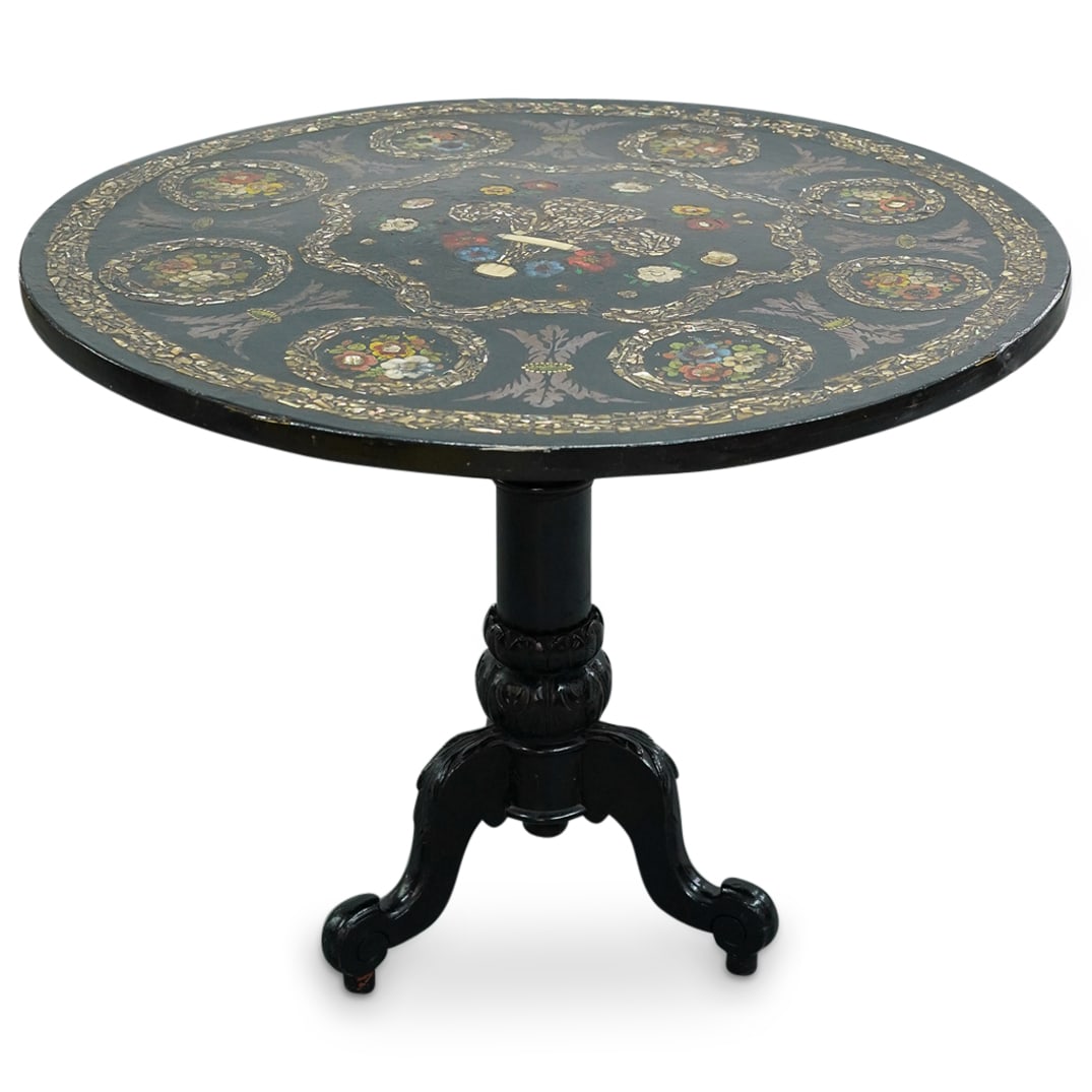 Antique Inlaid & Painted Wooden Table: DESCRIPTION: Antique lacquered wooden tea table, the three-legged base supporting a circular top with a somewhat convex center, the top decorated with mother of pearl inlay, bone inlay, polychrome pai