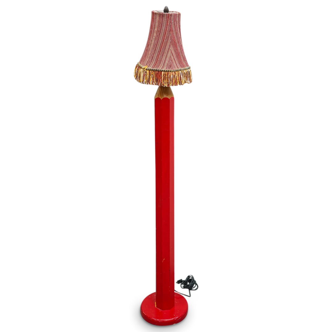 Wooden Pencil Floor Lamp: DESCRIPTION: Painted wooden floor lamp in the form of a pencil. Possibly by Lightolier. "Made in Spain" label at underside. Tested and fully functional. CIRCA: 20th century ORIGIN: Spanish DIMENSIONS: