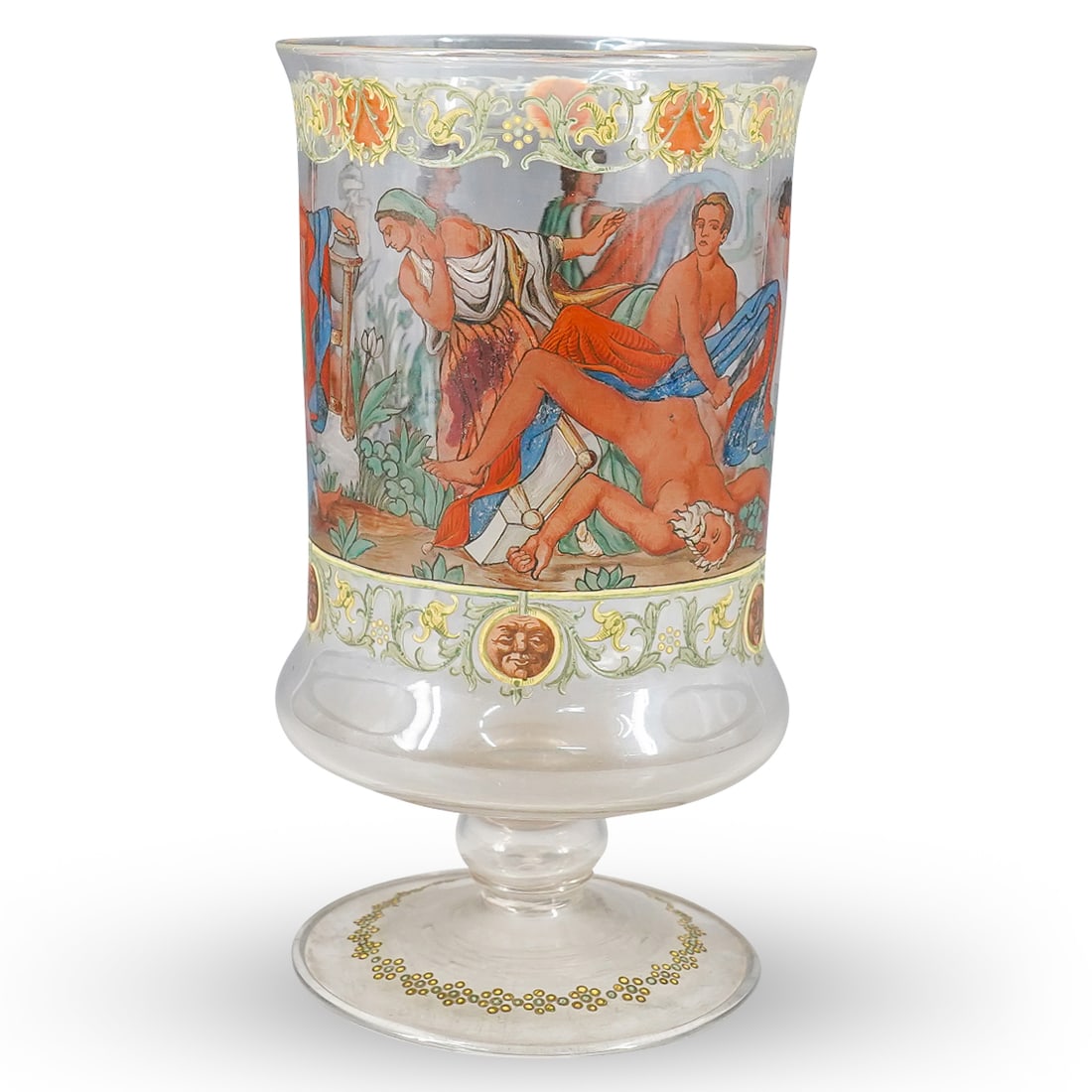 19th Century Venetian Reverse Painted Glass Vase: DESCRIPTION: 19th century Venetian glass vase with reverse painted neoclassical imagery, featuring various robed figures with a filigree border on top and bottom. CIRCA: 19th Cent. ORIGIN: Italian DIM