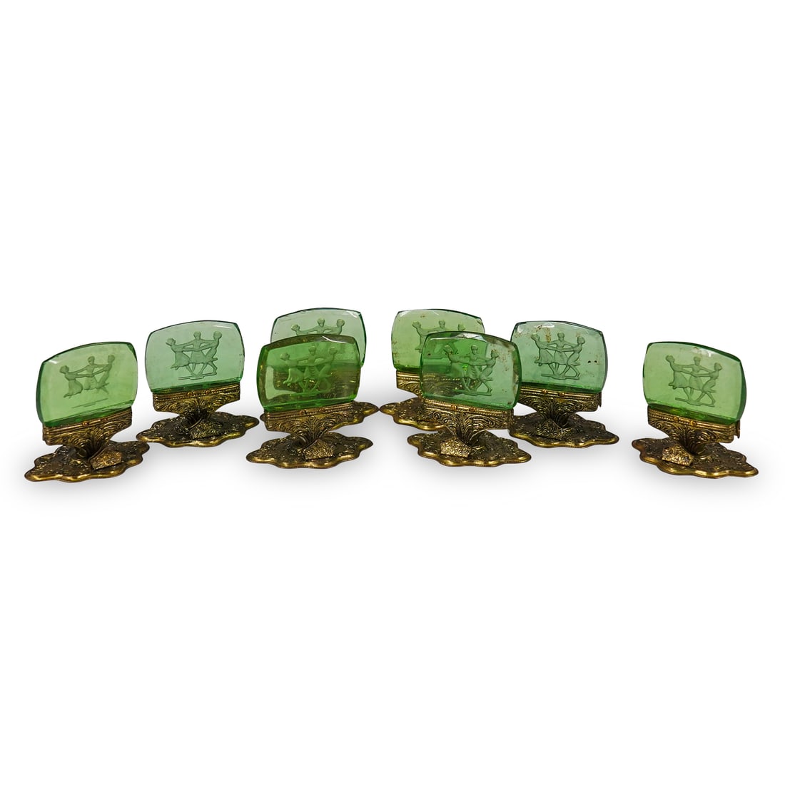 (8 Pc) Antique Bohemian Gilt Brass And Intaglio Glass Place Card Holders (1 of 5)