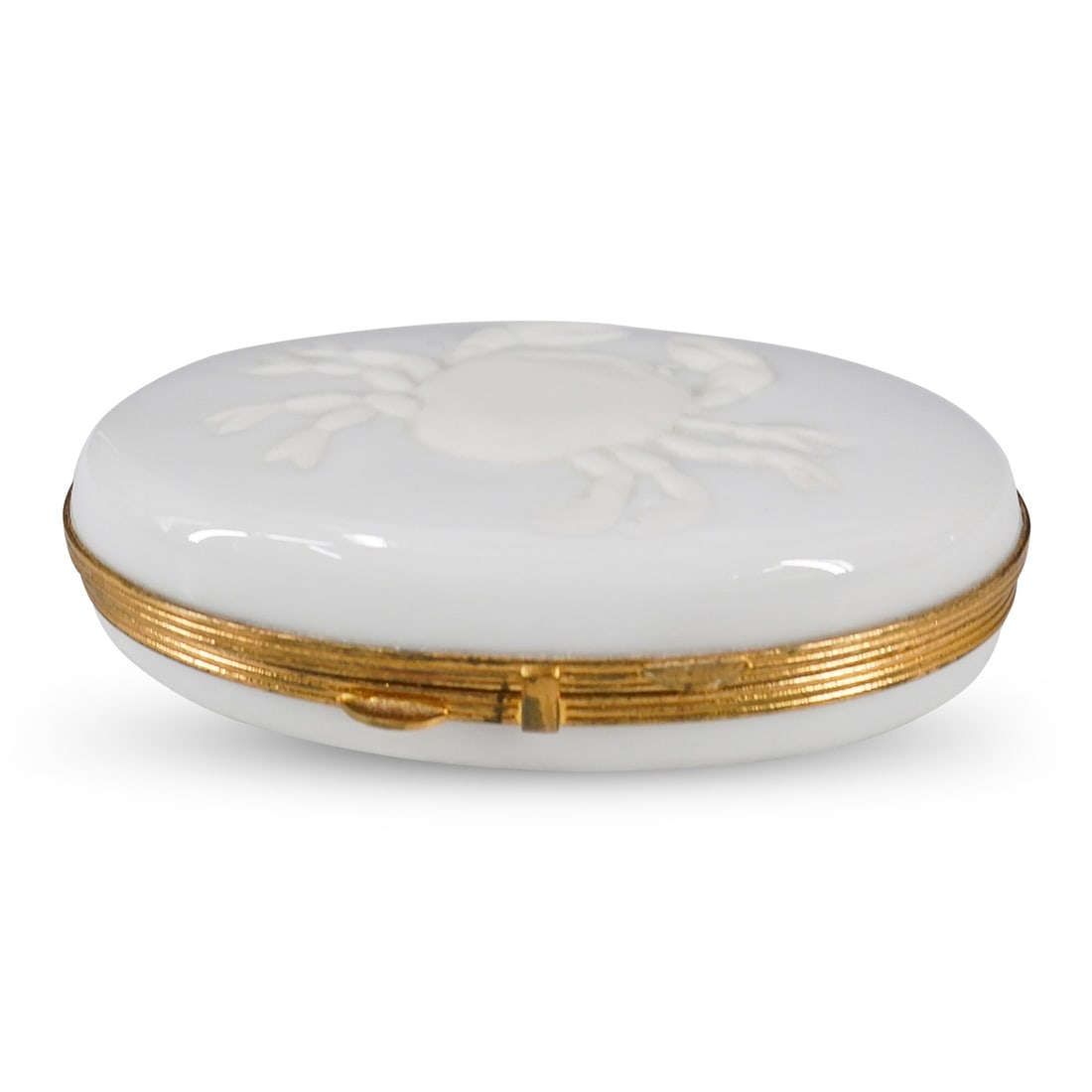 Chamart Limoges Porcelain Cancer Keepsake Box: DESCRIPTION: Piotet Chamart Limoges porcelain keepsake box featuring molded zodiac sign of Cancer (crab) on the top. Gilt trim and clasp. Marked underside "Limoges France" CIRCA: 20th Cent. ORIGIN: Fr