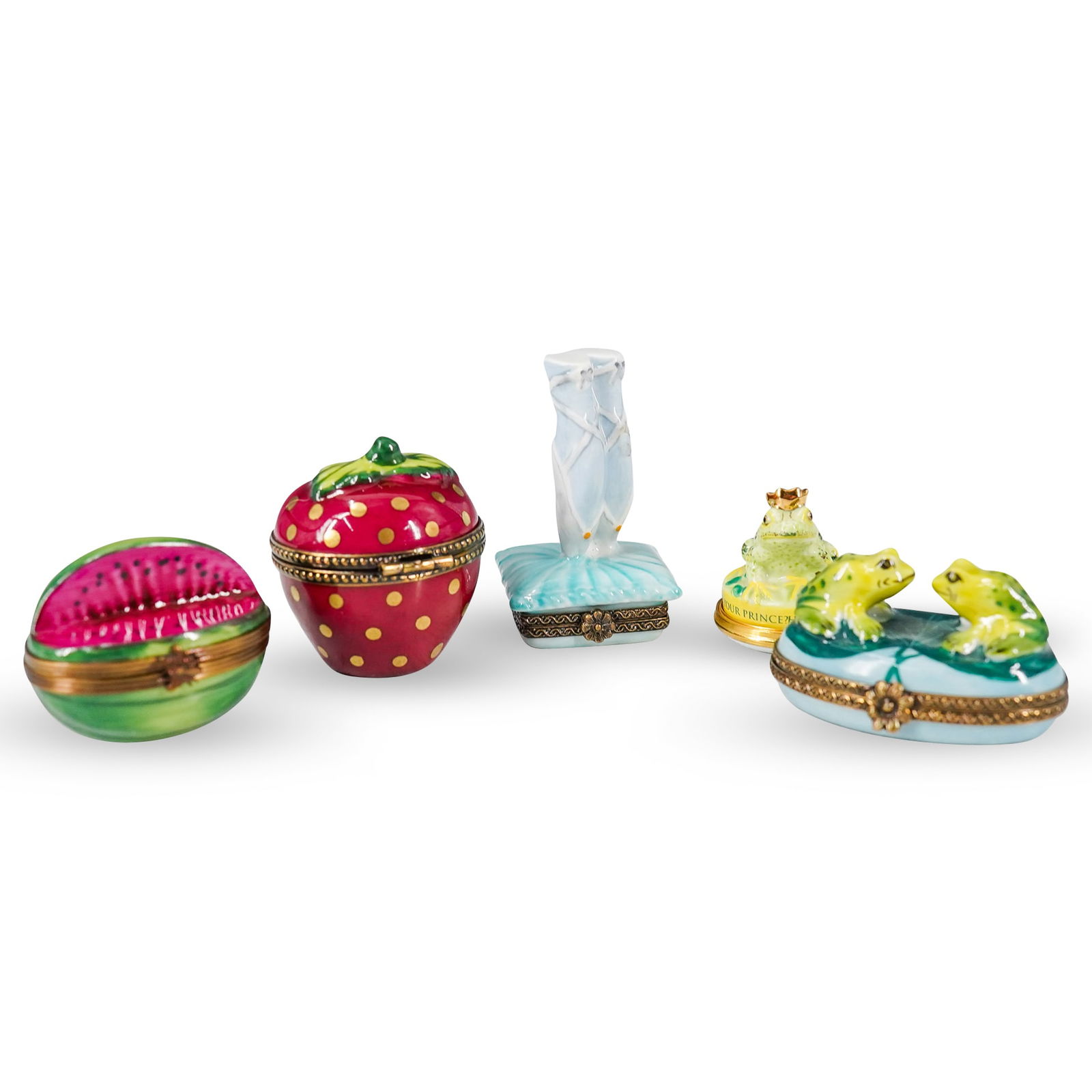 (5 Pc) Limoges And HD Enameled Porcelain Pill Boxes: DESCRIPTION: Five Limoges enameled porcelain pill boxes, each featuring its own design: one a watermelon, one a crowned frog, one a pair of frogs on a lily pad, one a strawberry, and one a pair of bal
