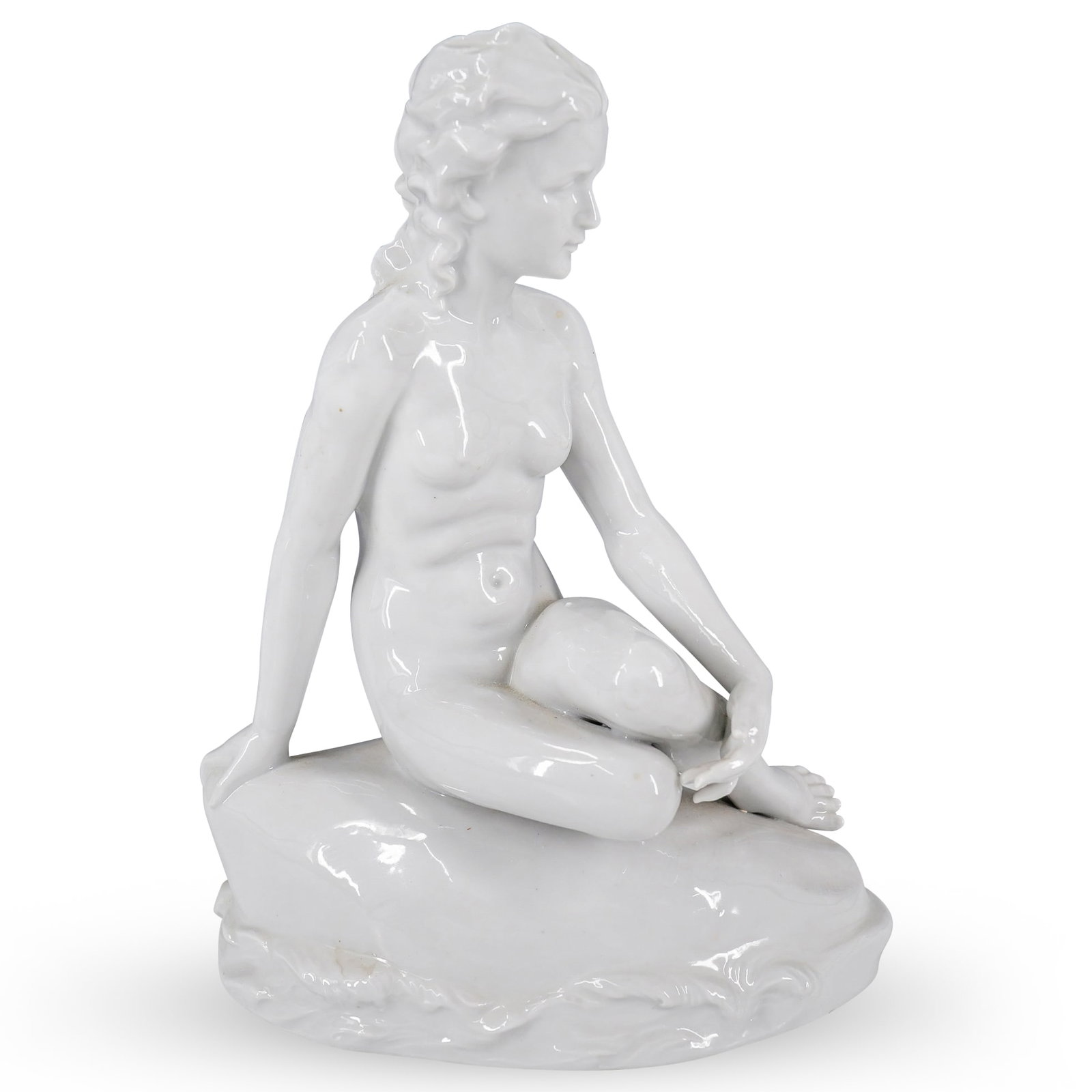 Antique French Porcelain Nude Woman On Rock: DESCRIPTION: Antique porcelain figurine depicting a nude woman seated on a rock. Marked "1801" on underside. CIRCA: 19th Century ORIGIN: France DIMENSIONS: H: 8.75" W: 3.75" L: 6.75" CONDITION: Minor 