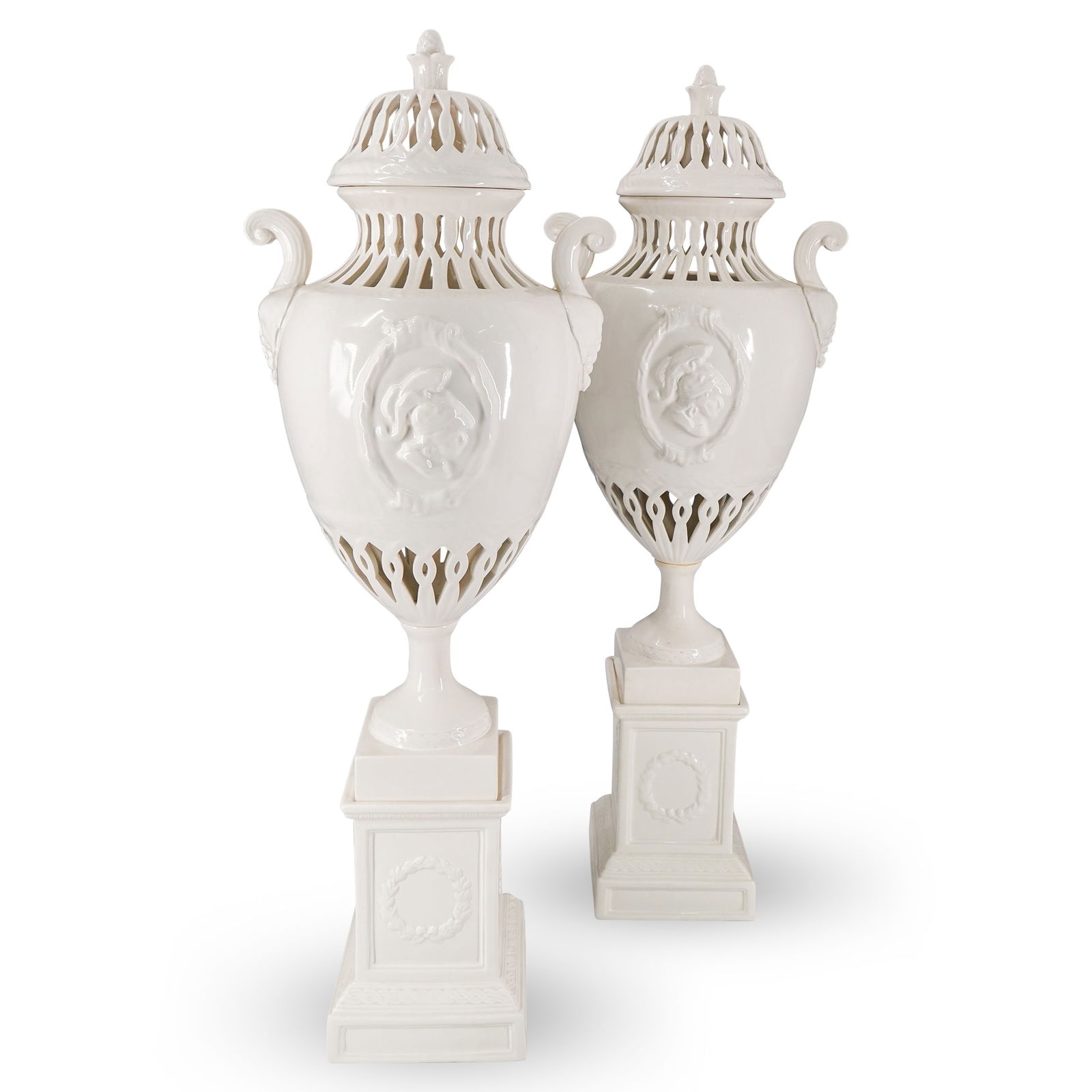 Pair Of Decorative Porcelain Blanc De Chine Urns On Pedestals (1 of 15)