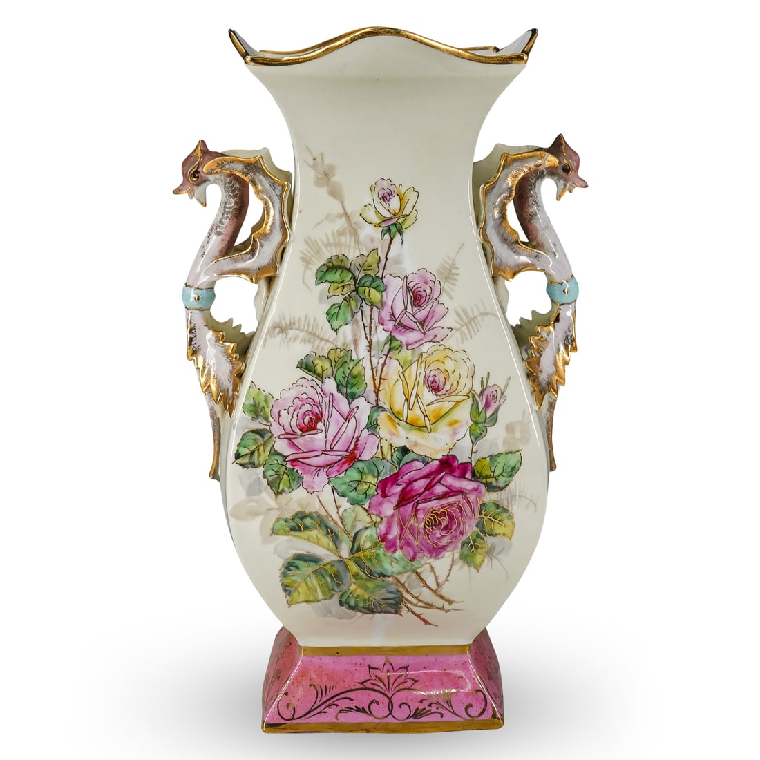 TK Thun Czech Porcelain Dragon Vase: DESCRIPTION: TK Thun Czech antique porcelain vase with double dragon formed handles, decorated with vibrant floral and bird motifs, completed in gilt trims. Impressed: 'TK,101, 76' CIRCA: Early 20th C