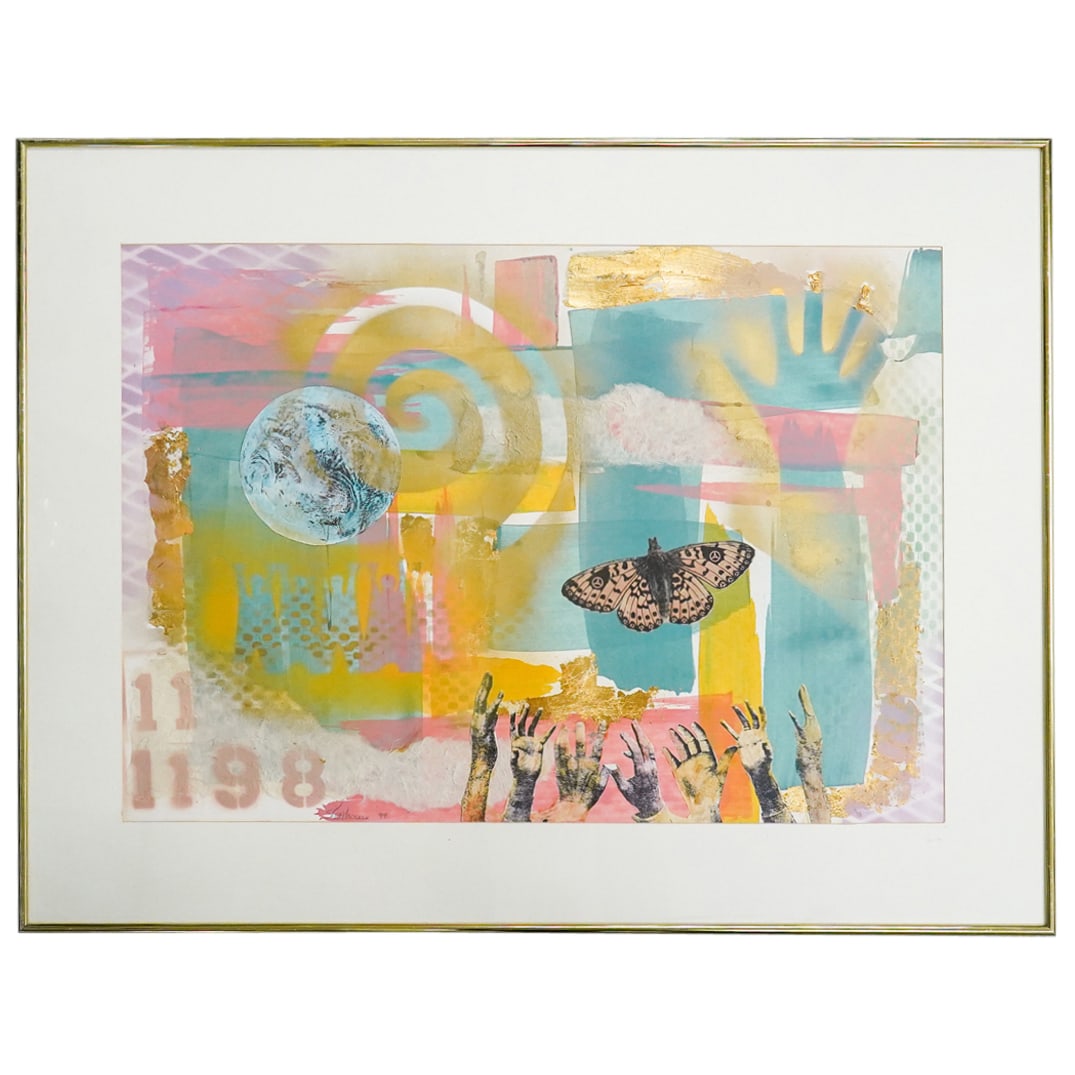 Robert Stackhouse (American, b. 1942) Mixed Media Collage Painting: DESCRIPTION: Robert Stackhouse (American, b. 1942) Mixed media collage painting featuring abstract imagery. Butterfly, and figures hands reaching, pencil signed and dated (Lower Left) 'Stackhouse, 99'