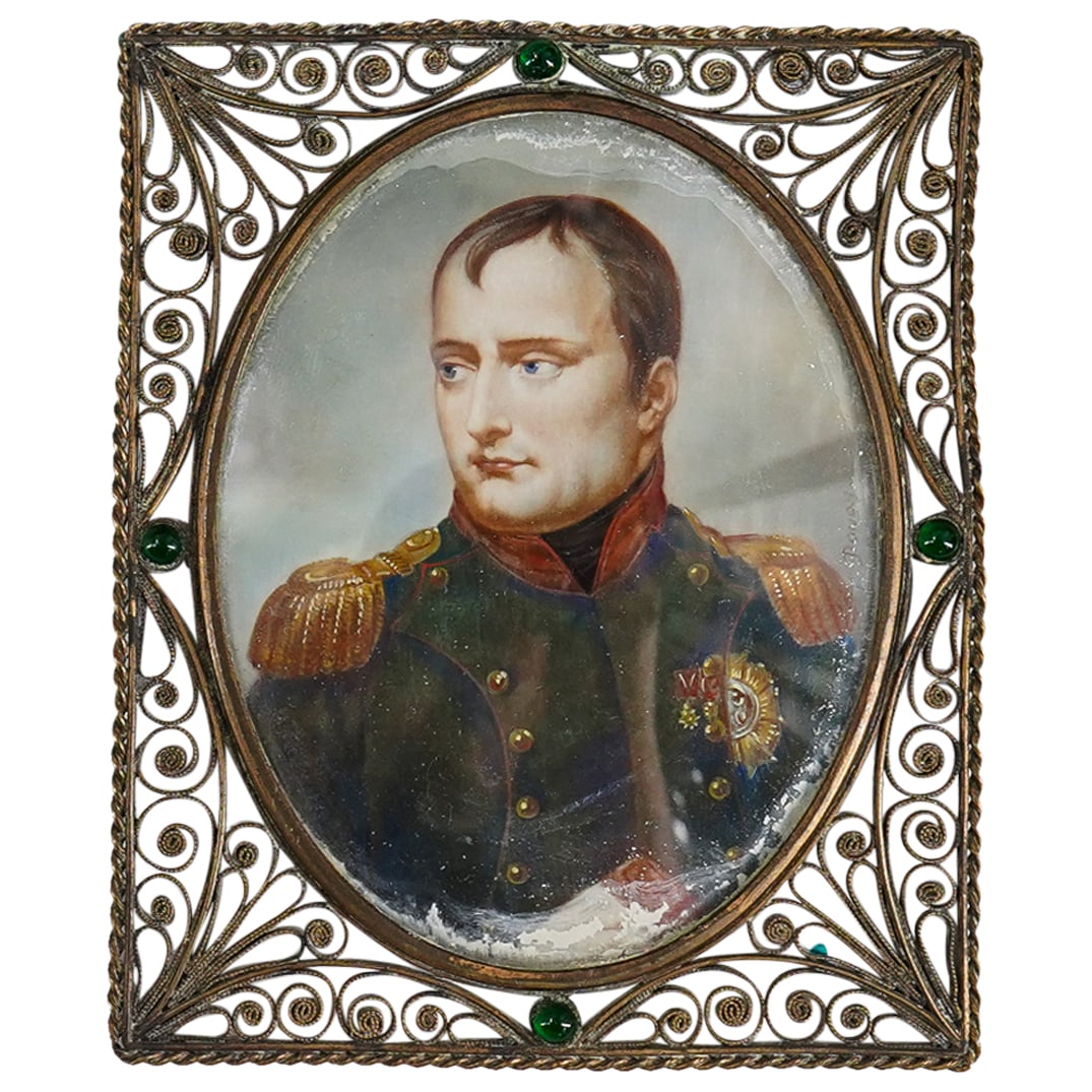 19th C. French Miniature Napoleon Portrait In Silver Filigree Frame (1 of 4)