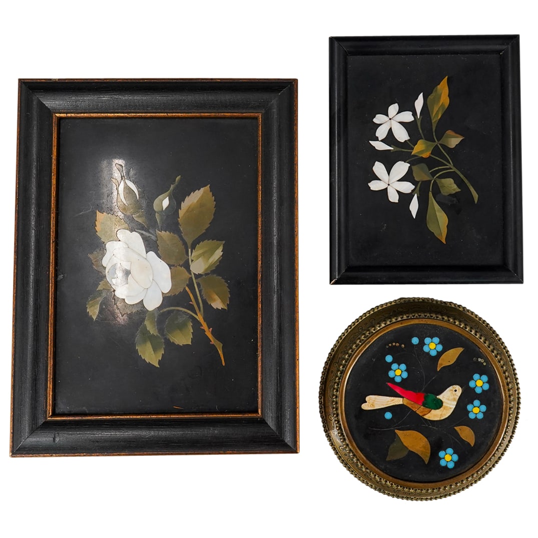 (3 Pc) Pietra Dura Framed Florals & Bird (1 of 10)