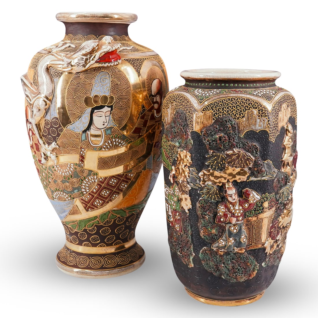 (2 Pc) Antique Japanese Satsuma Porcelain Vases (1 of 20)