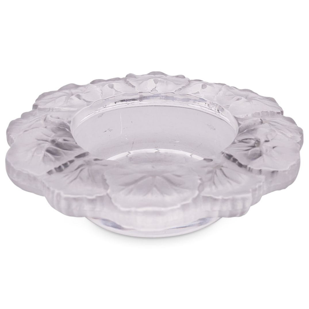 Lalique Style Crystal Bowl: DESCRIPTION: Lalique style crystal bowl after the "Honfleur" design, each featuring frosted foliage composing the lip around a clear bowl proper. CIRCA: 20th Cent. ORIGIN: France DIMENSIONS: H: 2" x D