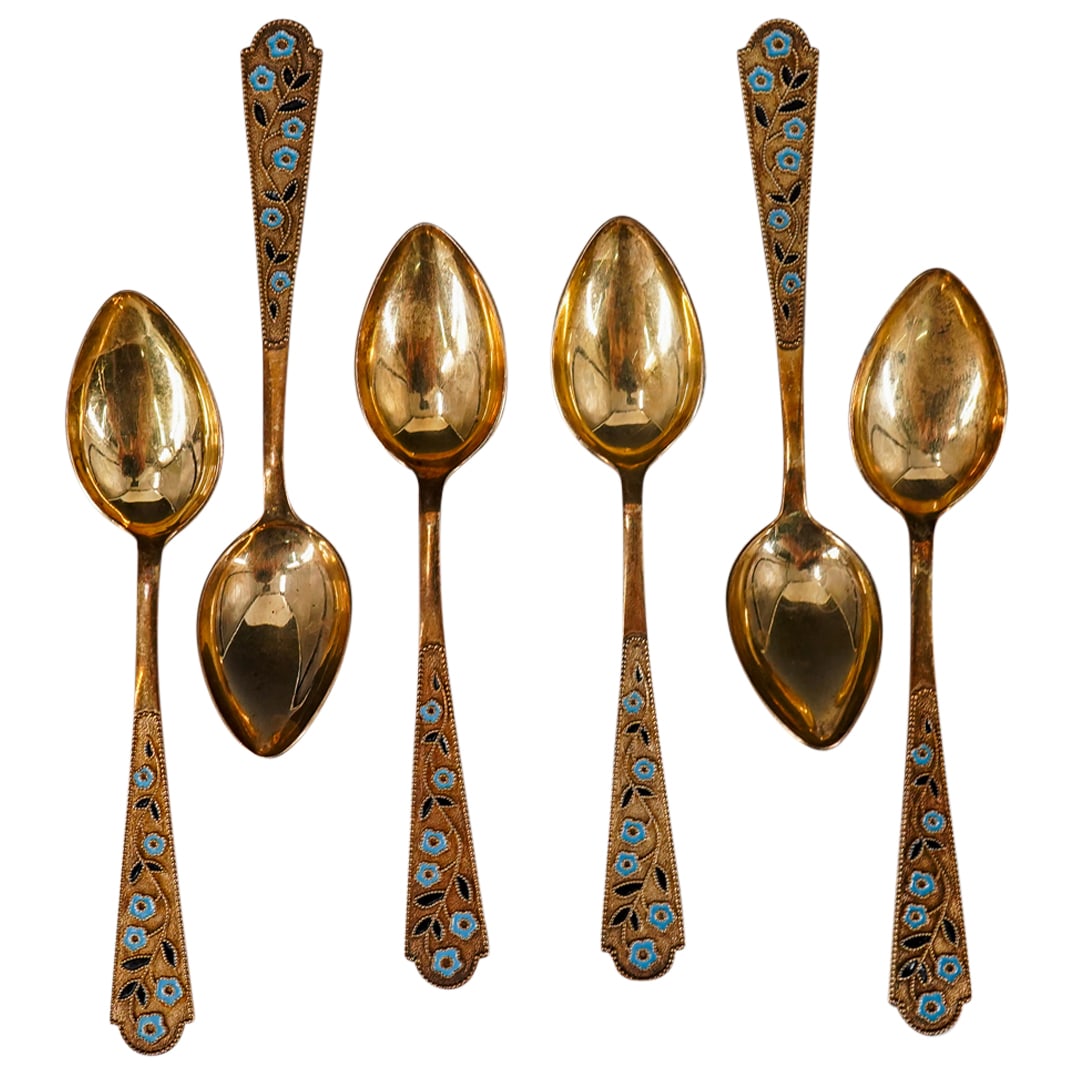 (6 Pc) Soviet Enameled 875 Silver Spoons (1 of 8)