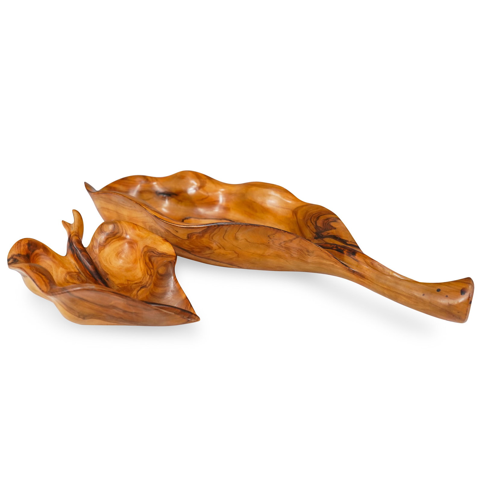 (2 Pc) Falcon Olive Wood Leaf Bowls: DESCRIPTION: Set of 2 leaf bowls hand made from olive wood. Consists of one large serving bowl and one smaller bowl. Stamped underside "Falcon Spain" CIRCA: 1950's ORIGIN: Spain DIMENSIONS: Large Bowl