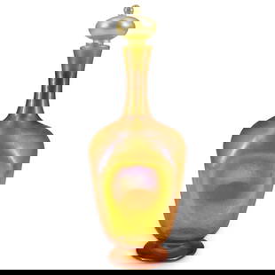 Antique Louis Comfort Tiffany Favrile Glass Decanter: DESCRIPTION: Antique orange and yellow favrile glass decanter featuring a dimpled body, a narrow neck, and a spherical finial on its stopper. Initialed "L.C.T." on underside and marked "R7669"