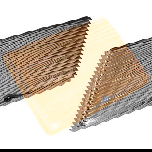 Russian Gold Cigarette Case: DESCRIPTION: A Russian yellow gold cigarette case with ruby inset thumb piece and chevron designed exterior, opens to reveal matte interior. Markings: (56) Standard, St Petersburg (Town) IK