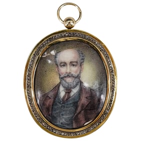 Karl Faberge Gold Diamond, Nephrite Enamel Portrait Pendant