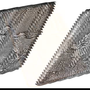 Russian Silver Cigarette Case: DESCRIPTION: Russian silver cigarette case with rectangular rounded edges, features an folklore scene depicting little red riding hood within a forest with iconic wolf to her side. Opens to reveal