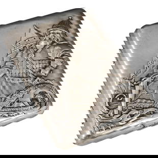 Russian Silver Cigarette Case: DESCRIPTION: A silver cigarette case with rectangular, rounded edge form, designed with rock crystal thumb piece, and intricate depiction of sword wielding soldier conquering a dragon with castle in
