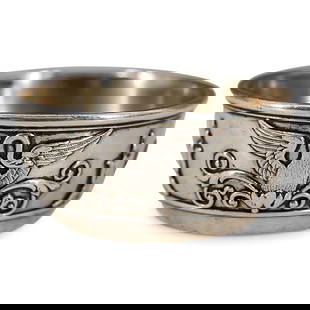 Russian Gilt Silver Charka (Faberge): DESCRIPTION: Russian gilt silver charka with round low form, decorated with ornate swans and floral scroll reliefs. Markings: Kokoshnik 84 (Standard) Faberge (In Cyrillic) Imperial warrant 