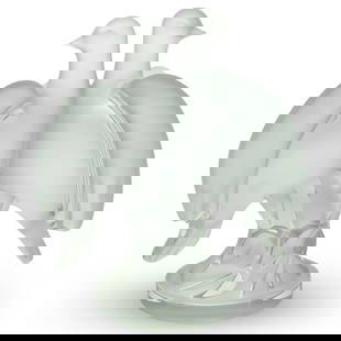 Lalique 'Ariane' Doves Sculpture: DESCRIPTION: Lalique 'Ariane' frosted glass sculpture depicting two doves perched on a stylized leaf covered stem with their heads turned in the opposite direction, incorporating a circular plinth