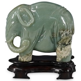 Antique Chinese Celadon Jade Elephant On Hardwood Stand