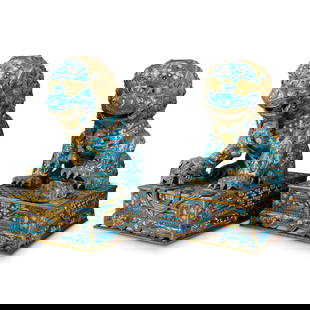 Pair Of Large Antique Chinese Cloisonne Guardian Lions: DESCRIPTION: Two matching finely crafted antique guardian lions - one male holding a ribboned embroidered ball under his right paw, one female subduing a rambunctious cub under her left paw - each