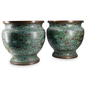 Pair Of Antique Japanese Enameled Bronze Jardiniers