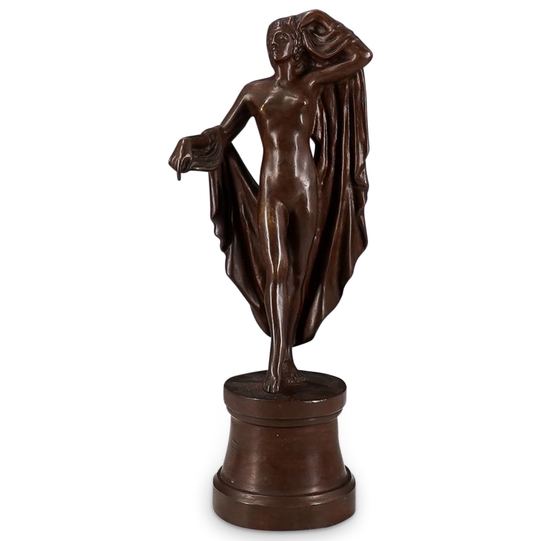Malvina Hoffman (America, 1885-1966) Bronze Nude Statue: DESCRIPTION: Malvina Hoffman (America, 1885-1966) Bronze statue depicting a nude woman with fabric draped over her. Signed "M. Hoffman" on base. CIRCA: Mid 20th Cent. ORIGIN: America DIMENSIONS: H: 17