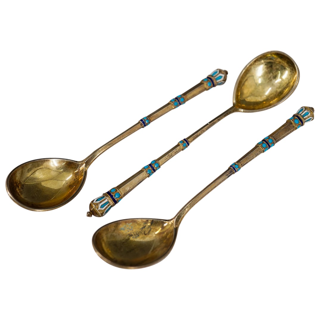 (3Pc) Russian Silver-Gilt Enamel Spoon Set (1 of 14)