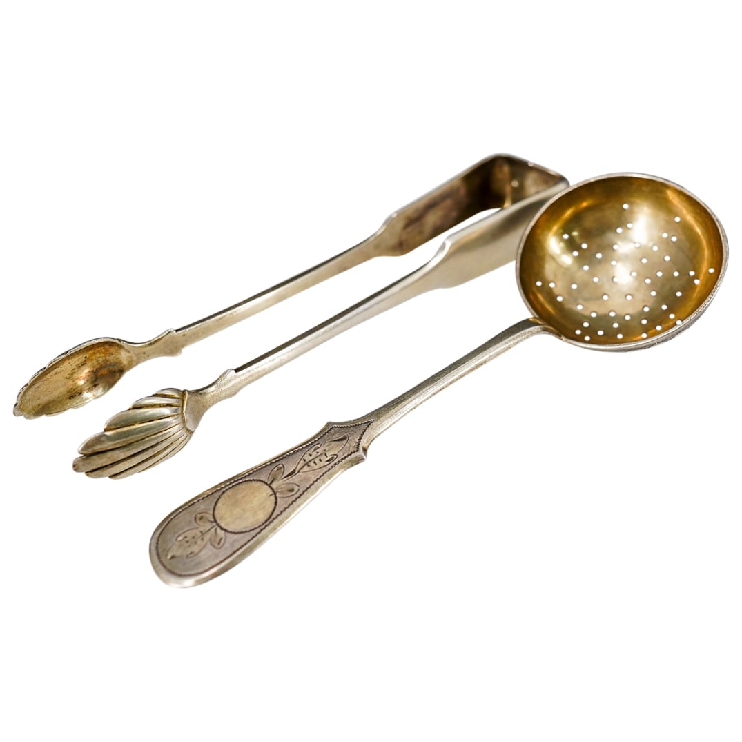 Silver Gilt Tea Strainer & Sugar Tongs (Aleksandr Ilyich Yashinov) (1 of 16)