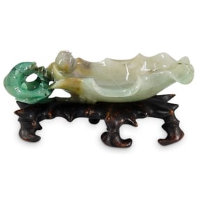 Antique Chinese Jade Lotus Leaf Brush Washer On Carved Wood Base