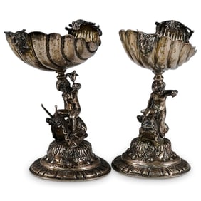 Pair Of Antique European Silver Shell And Figural Table Ornaments