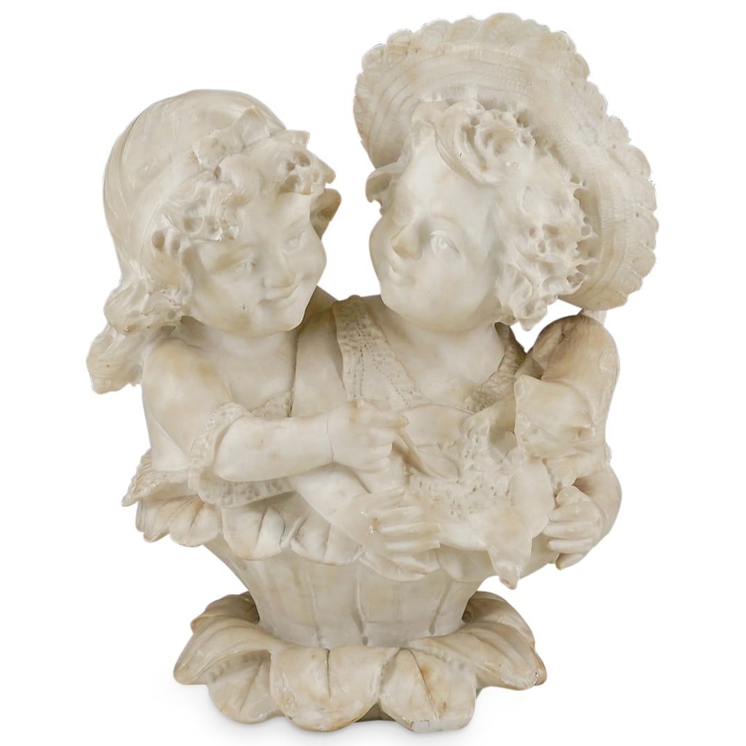 Antique Carved Alabaster Children & Kitten Sculpture: DESCRIPTION: Antique carved alabaster sculpture, the foliate base issuing forth two little girls, one with a kitten on her shoulder, the kitten taking a bite from a plate of food. CIRCA: Late 19th - e