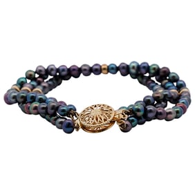 Vintage 14k Gold and Beaded Black Pearl Multi Strand Bracelet