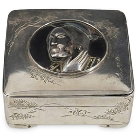 Antique Japanese Silver Box W/ Soft Metal Figural Inlay