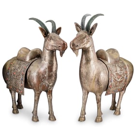 Pair Of Antique Chinese Saddled Metal Goats W/ Jade Horns
