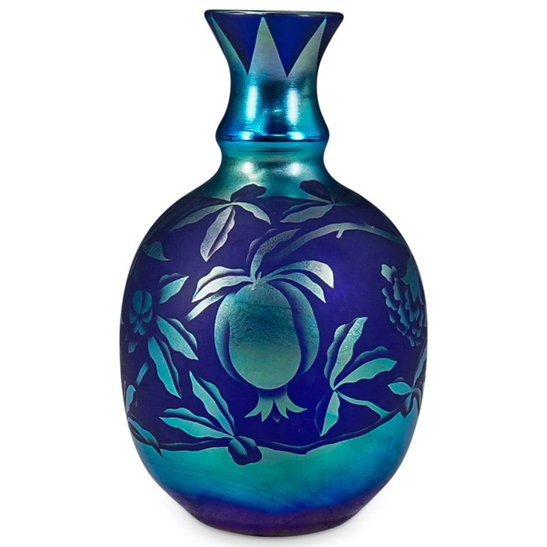 Orient & Flume Cobalt Iridescent Glass Bulb Vase: DESCRIPTION: Orient & Flume cobalt glass bulb vase featuring iridescent blue foliage throughout, designed by Valerie Surjan. Etched signature underside "Orient & Flume 1980 Valerie Surjan" CIRCA: 1980