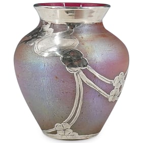 Art Nouveau Loetz Silver Overlay Iridescent Pink Glass Vase