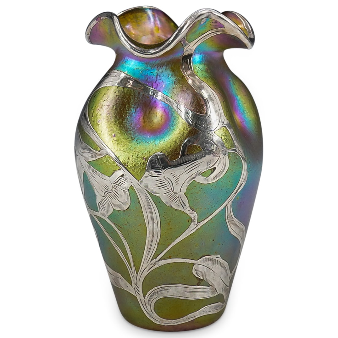 Art Nouveau Loetz Silver Overlay Iridescent Yellow Glass Vase (1 of 5)