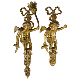 (2 Pc) Neoclassical Gilt Bronze Cherub Wall Sconces
