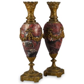 (2 Pc) 19th Century Rouge Marble & Bronze Urns