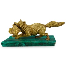Antique European Bronze Fox On Malachite Base