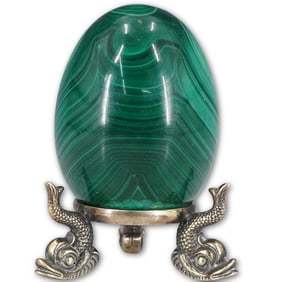 Antique Russian Malachite Egg On 875 Silver Tripod Dolphin Base