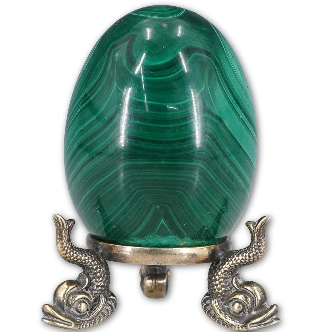 Antique Russian Malachite Egg On 875 Silver Tripod Dolphin Base (1 of 6)