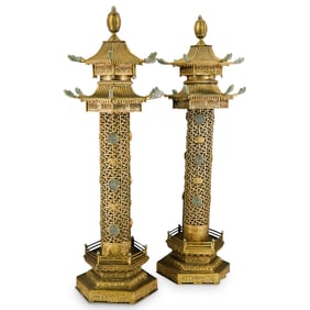 Pair Of Antique Chinese Gilt Bronze Pagoda Lanterns