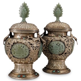 Pair Of Antique East Asian Jade Medallion And Silver Plated Urns